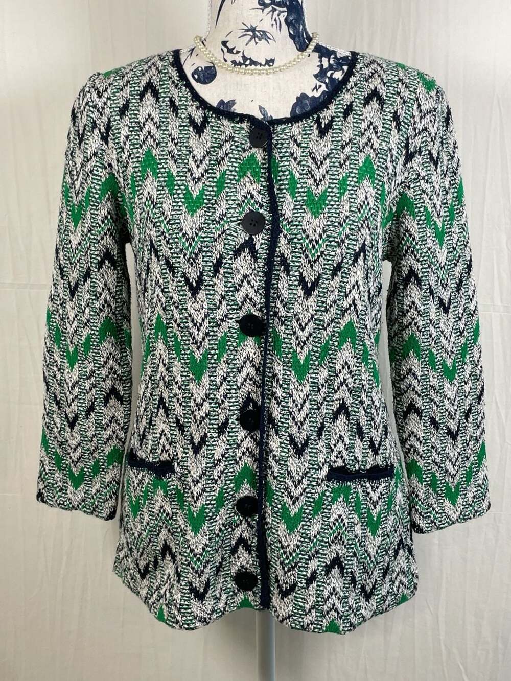 Pendleton Chevron Zigzag Knit Cardigan Sweater Green Blue Cream Sz XS
